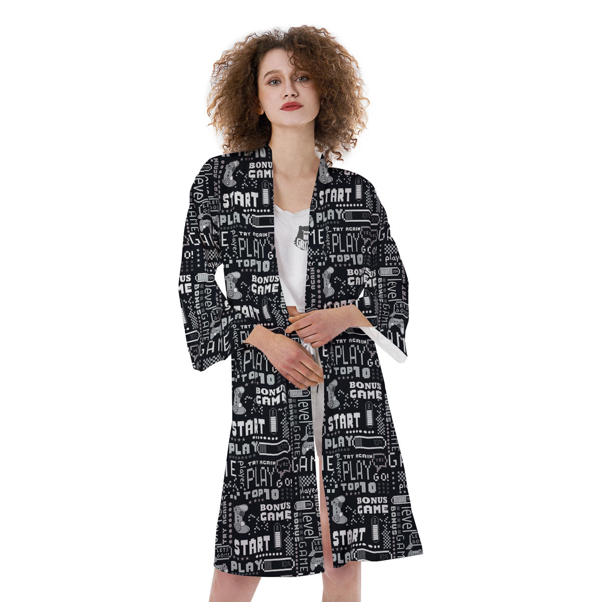 Video Game White And Black Print Pattern Kimono-grizzshop