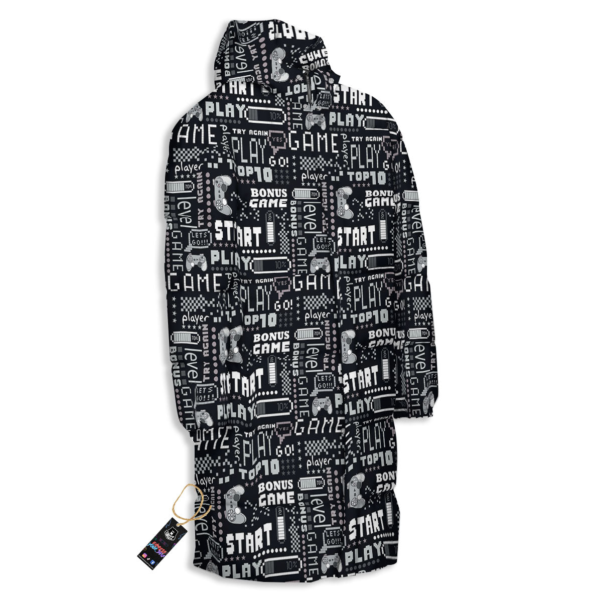 Video Game White And Black Print Pattern Long Down Jacket-grizzshop