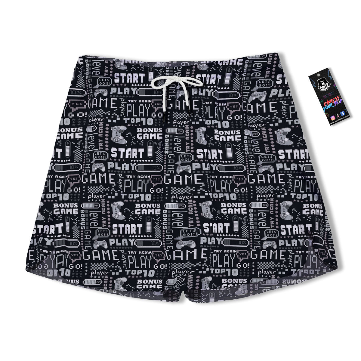 Video Game White And Black Print Pattern Men's Running Shorts-grizzshop