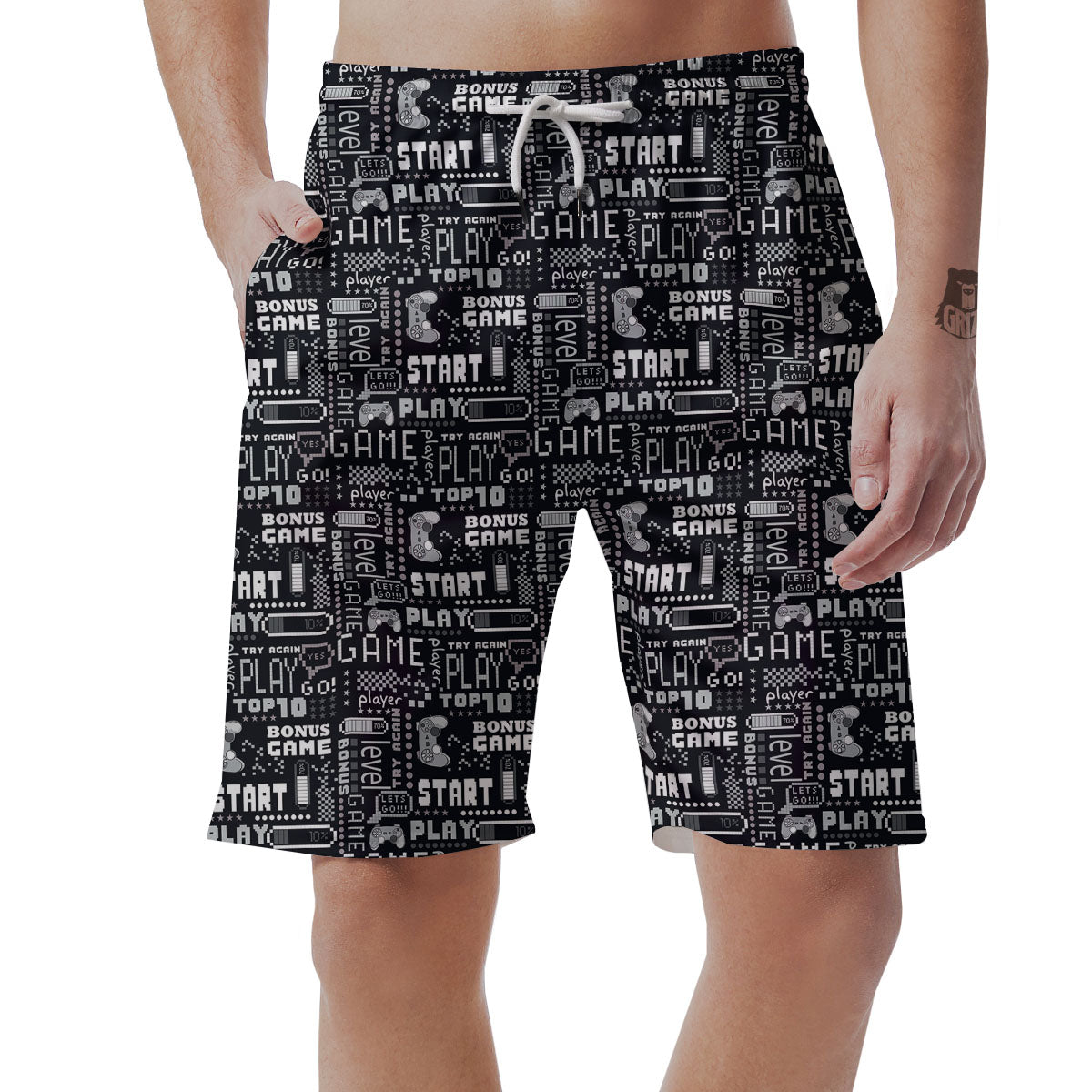 Video Game White And Black Print Pattern Men's Shorts-grizzshop