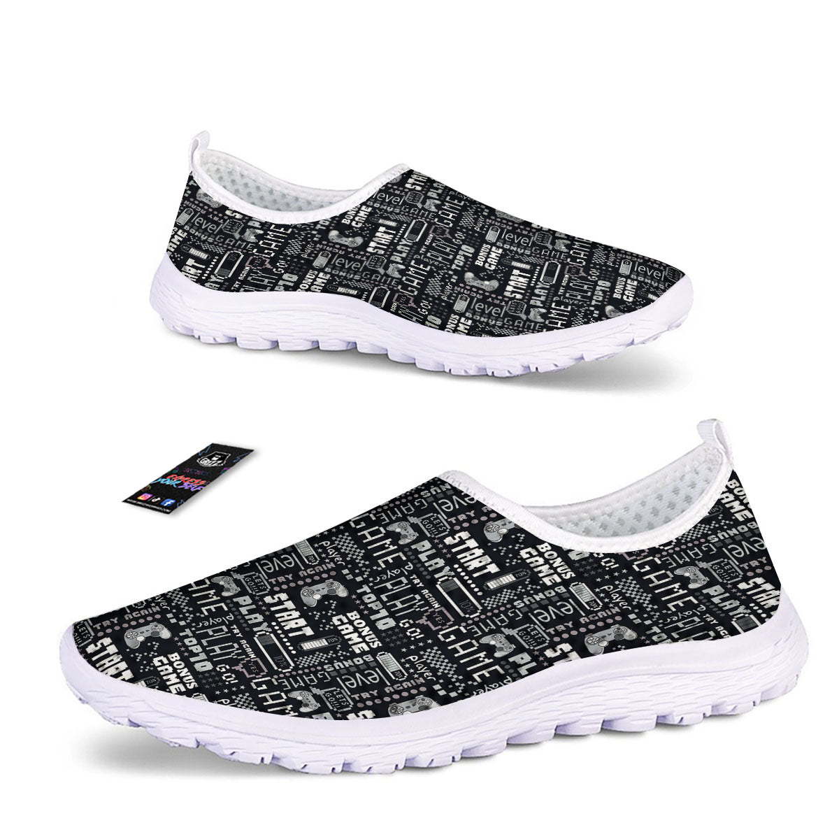 Video Game White And Black Print Pattern Nurse Shoes-grizzshop