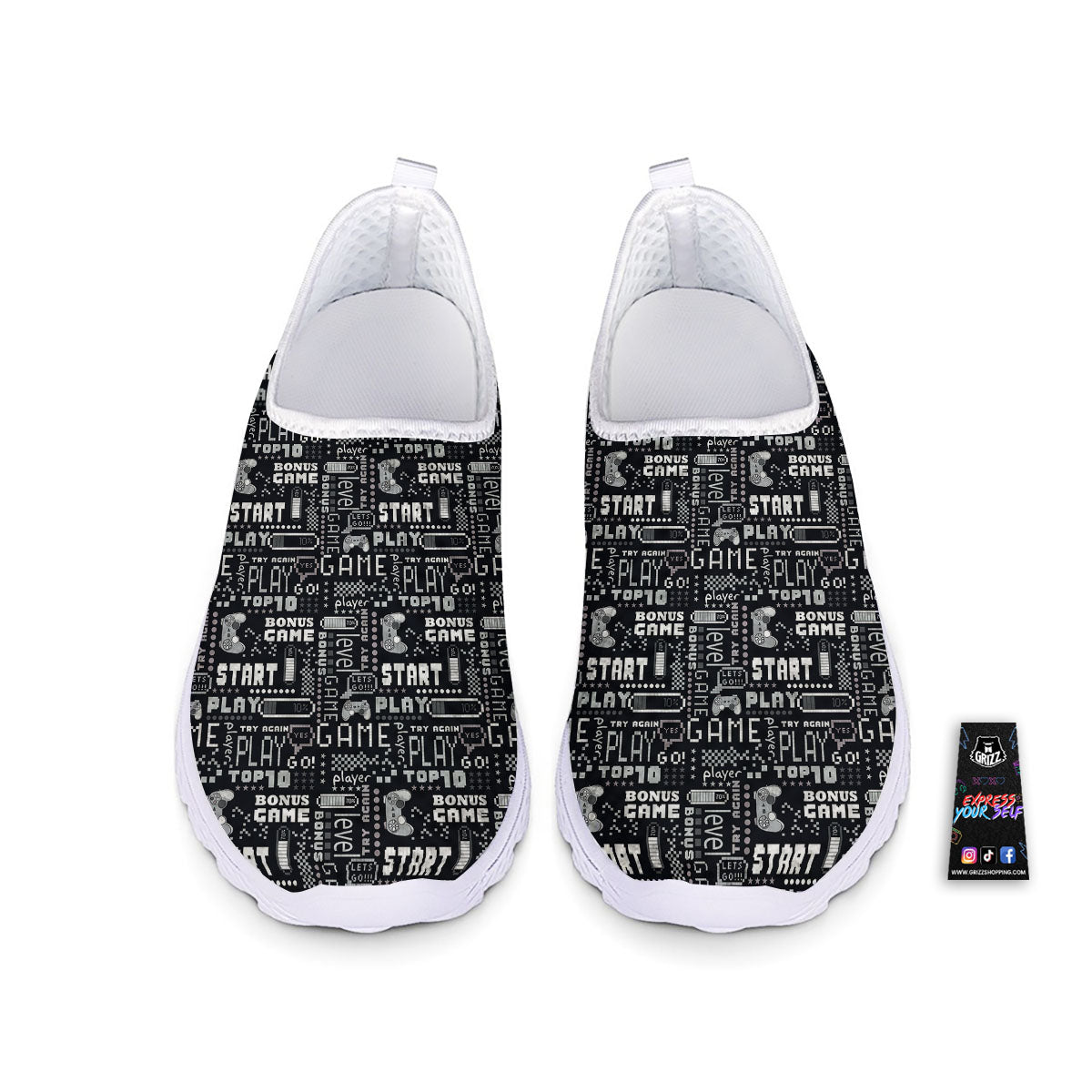 Video Game White And Black Print Pattern Nurse Shoes-grizzshop