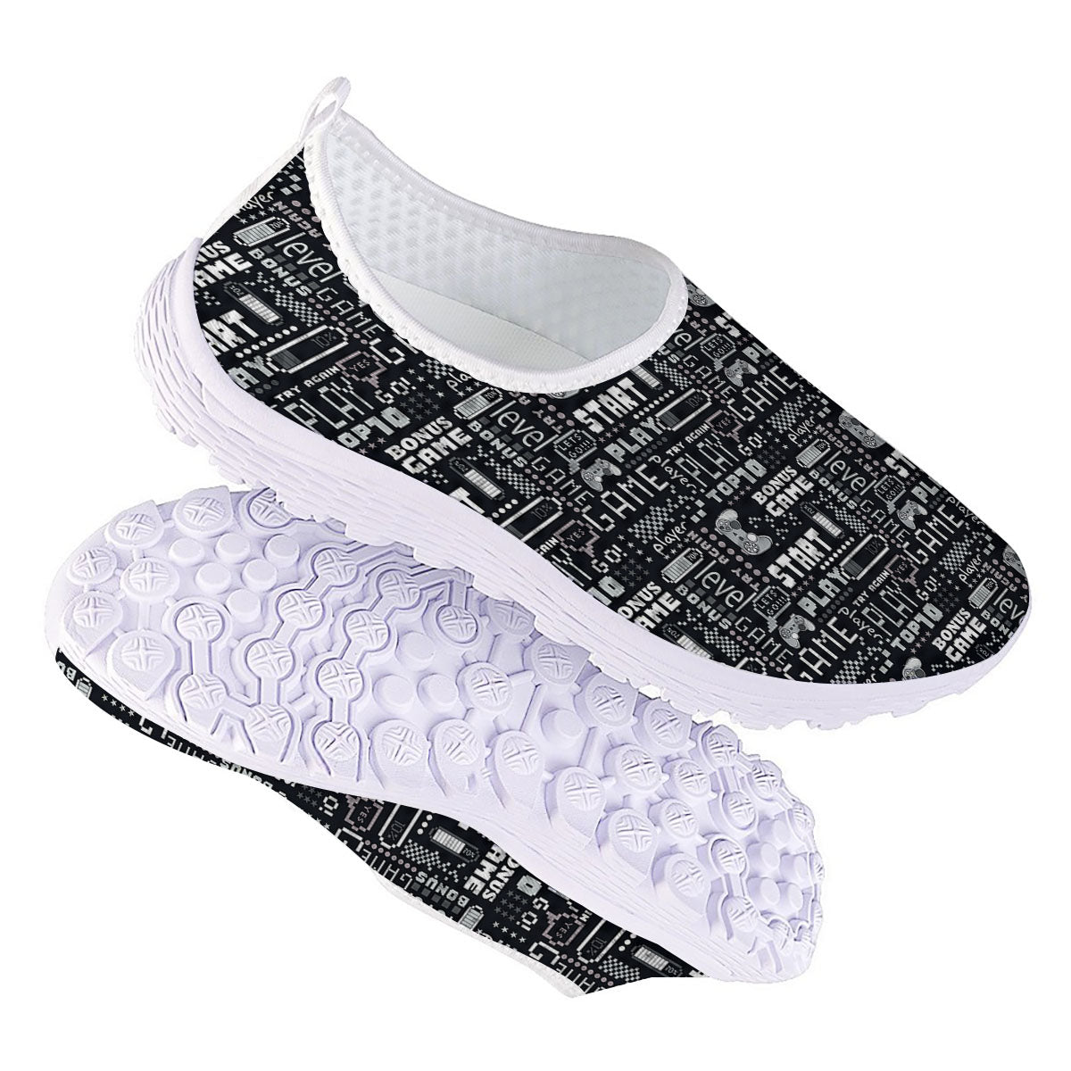 Video Game White And Black Print Pattern Nurse Shoes-grizzshop