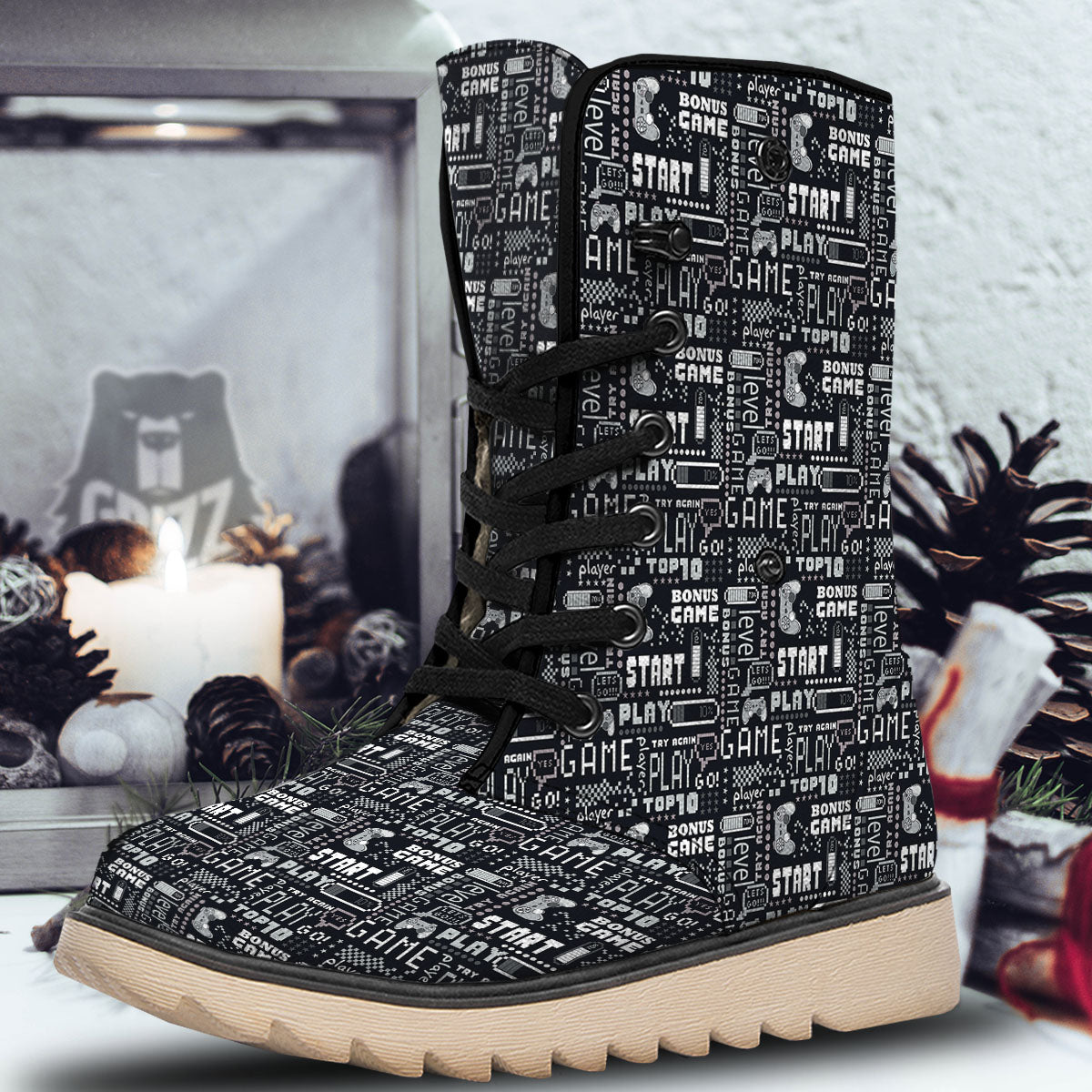 Video Game White And Black Print Pattern Snow Boots-grizzshop