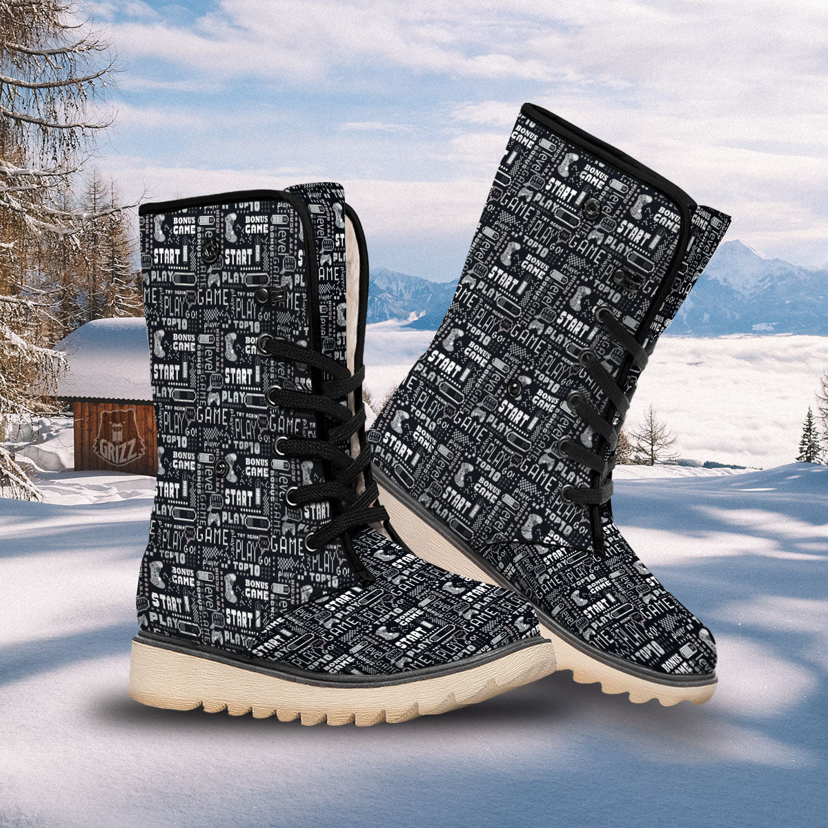 Video Game White And Black Print Pattern Snow Boots-grizzshop