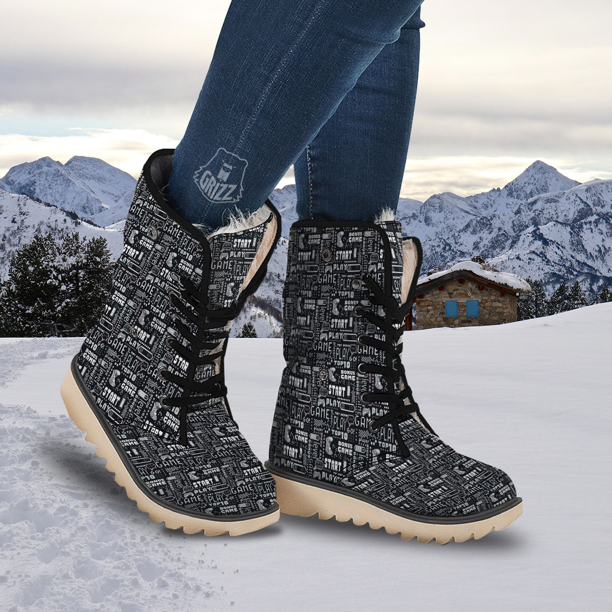 Video Game White And Black Print Pattern Snow Boots-grizzshop