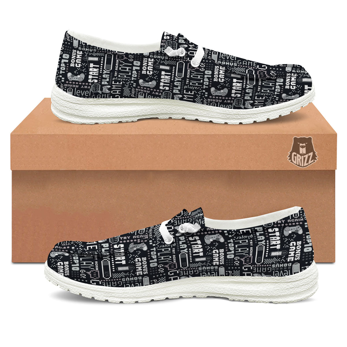 Video Game White And Black Print Pattern White Loafers-grizzshop