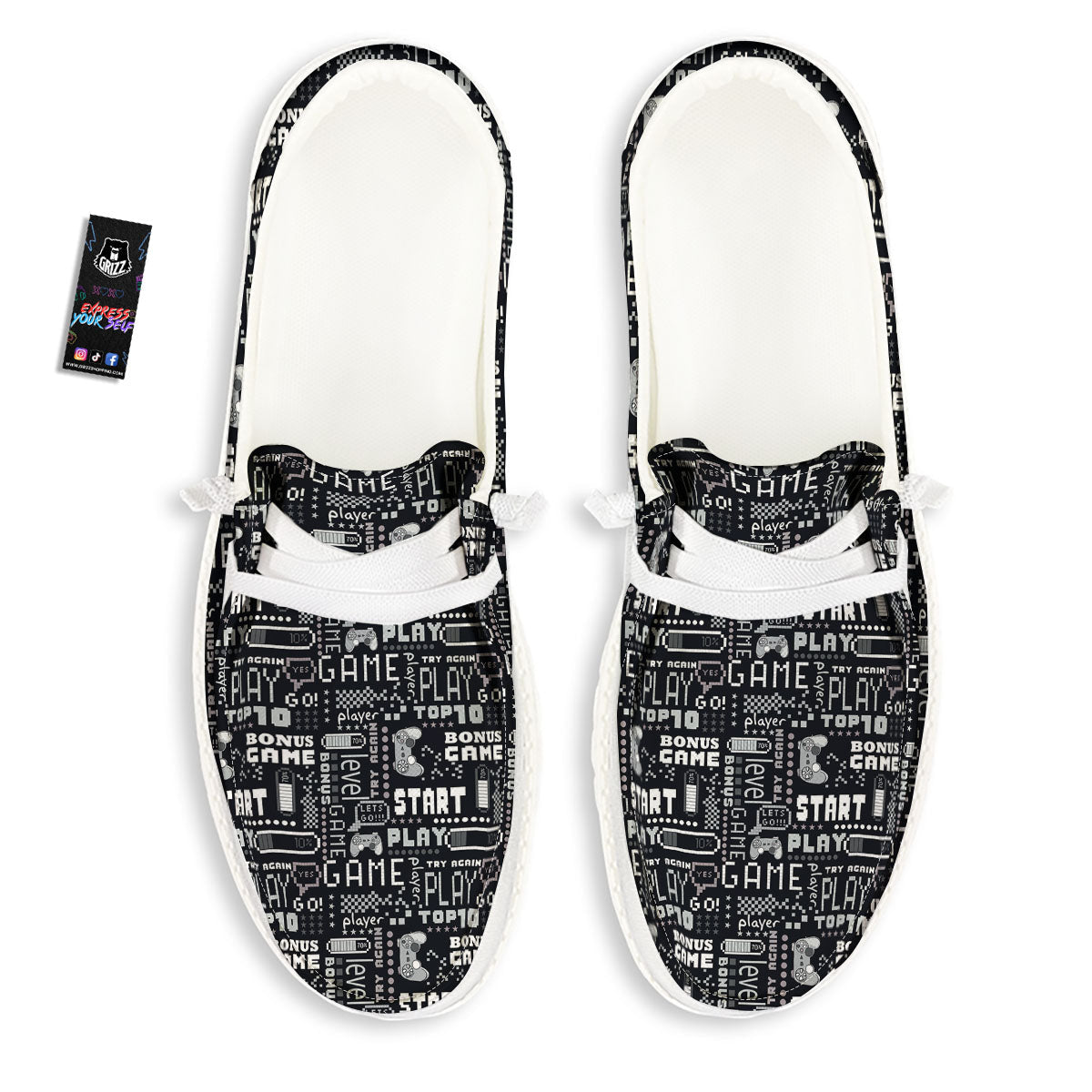 Video Game White And Black Print Pattern White Loafers-grizzshop