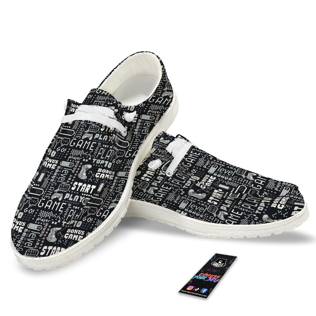 Video Game White And Black Print Pattern White Loafers-grizzshop