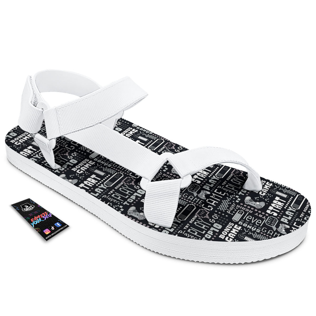 Video Game White And Black Print Pattern White Open Toe Sandals-grizzshop