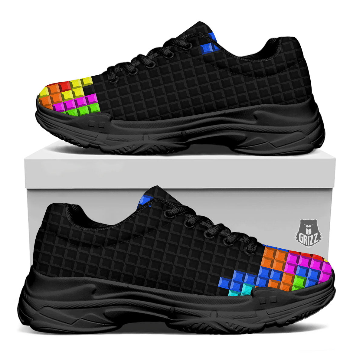Video Game White Brick Puzzle Print Black Chunky Shoes-grizzshop