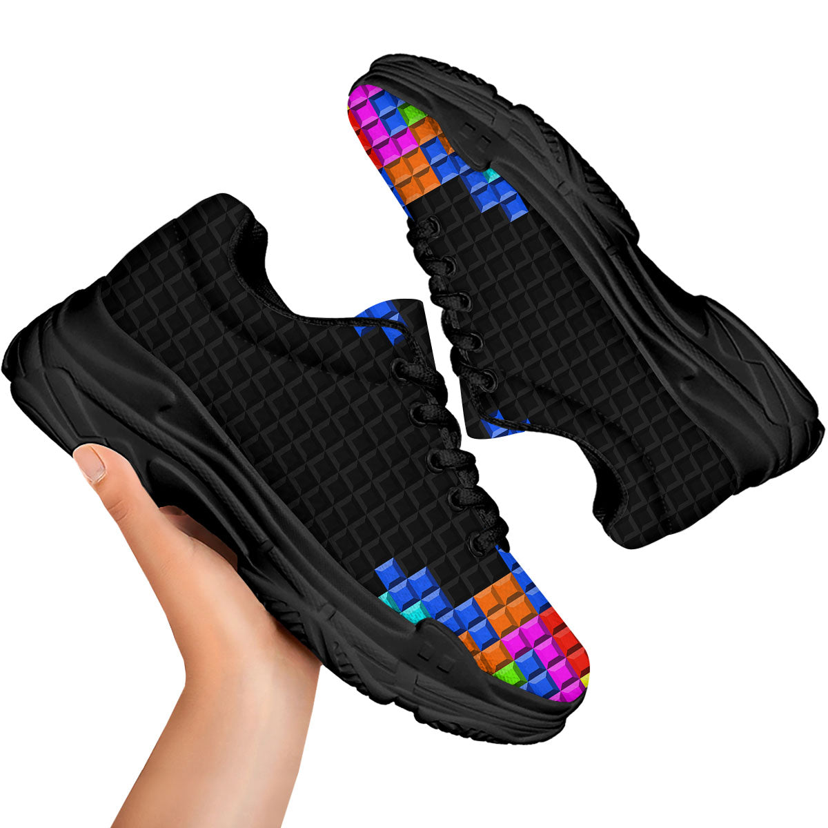 Video Game White Brick Puzzle Print Black Chunky Shoes-grizzshop