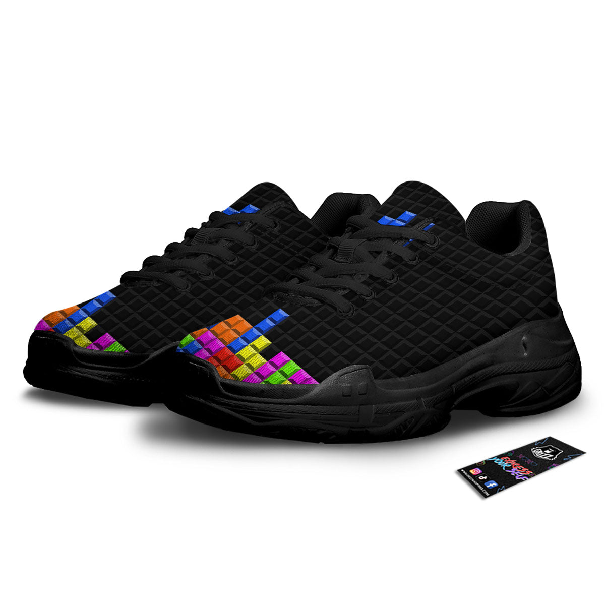 Video Game White Brick Puzzle Print Black Chunky Shoes-grizzshop