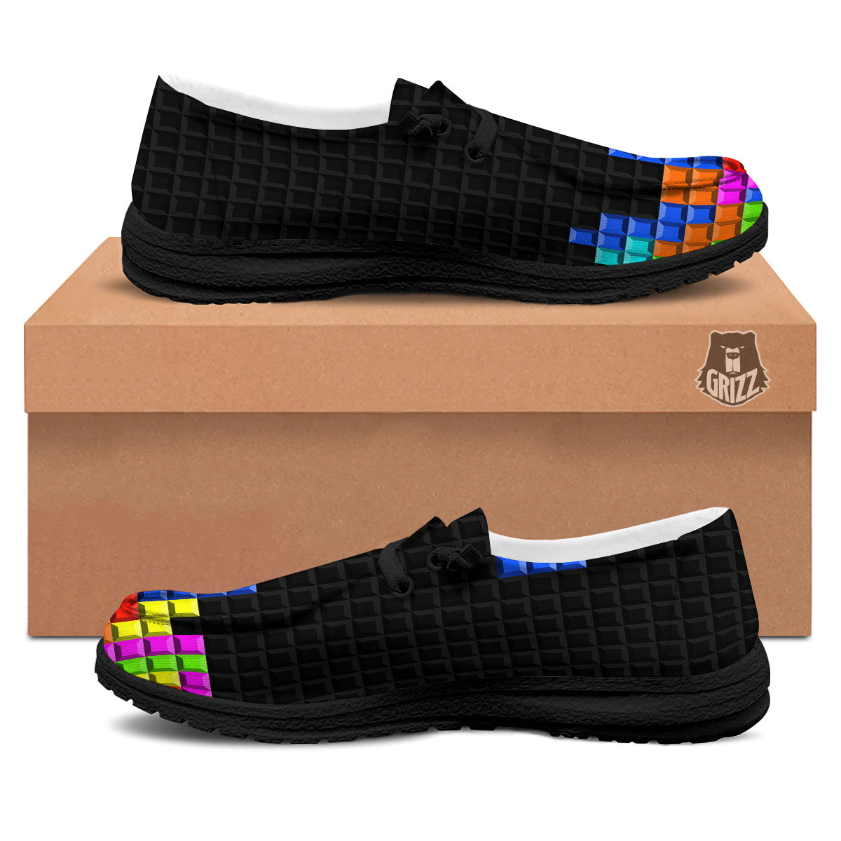 Video Game White Brick Puzzle Print Black Loafers-grizzshop