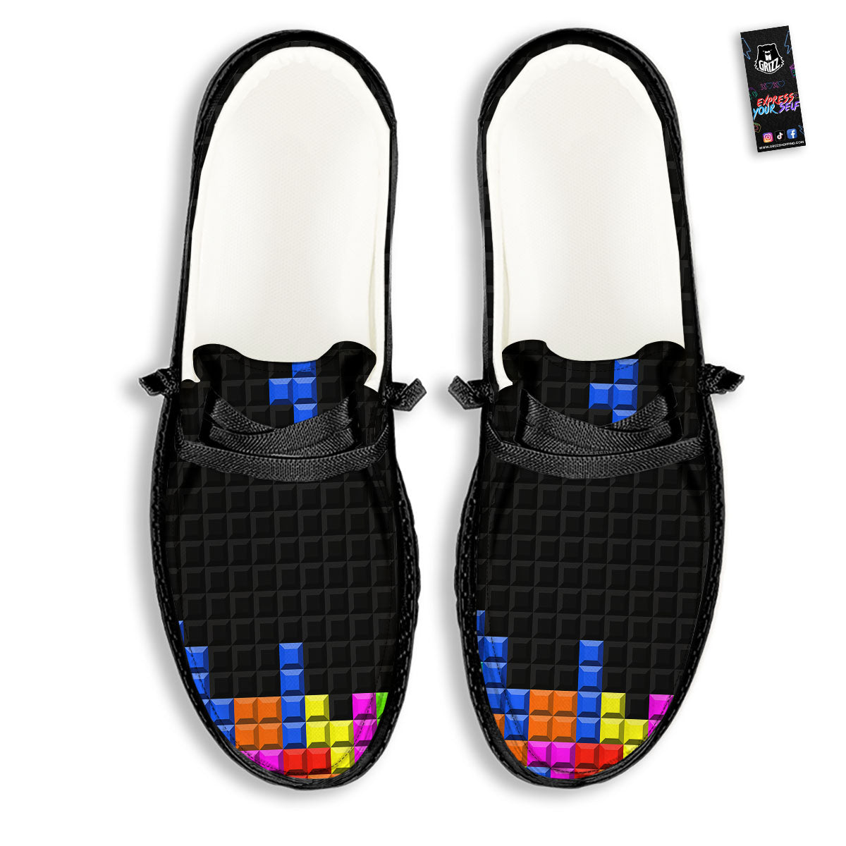 Video Game White Brick Puzzle Print Black Loafers-grizzshop