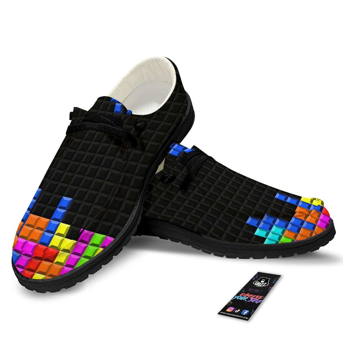 Video Game White Brick Puzzle Print Black Loafers-grizzshop