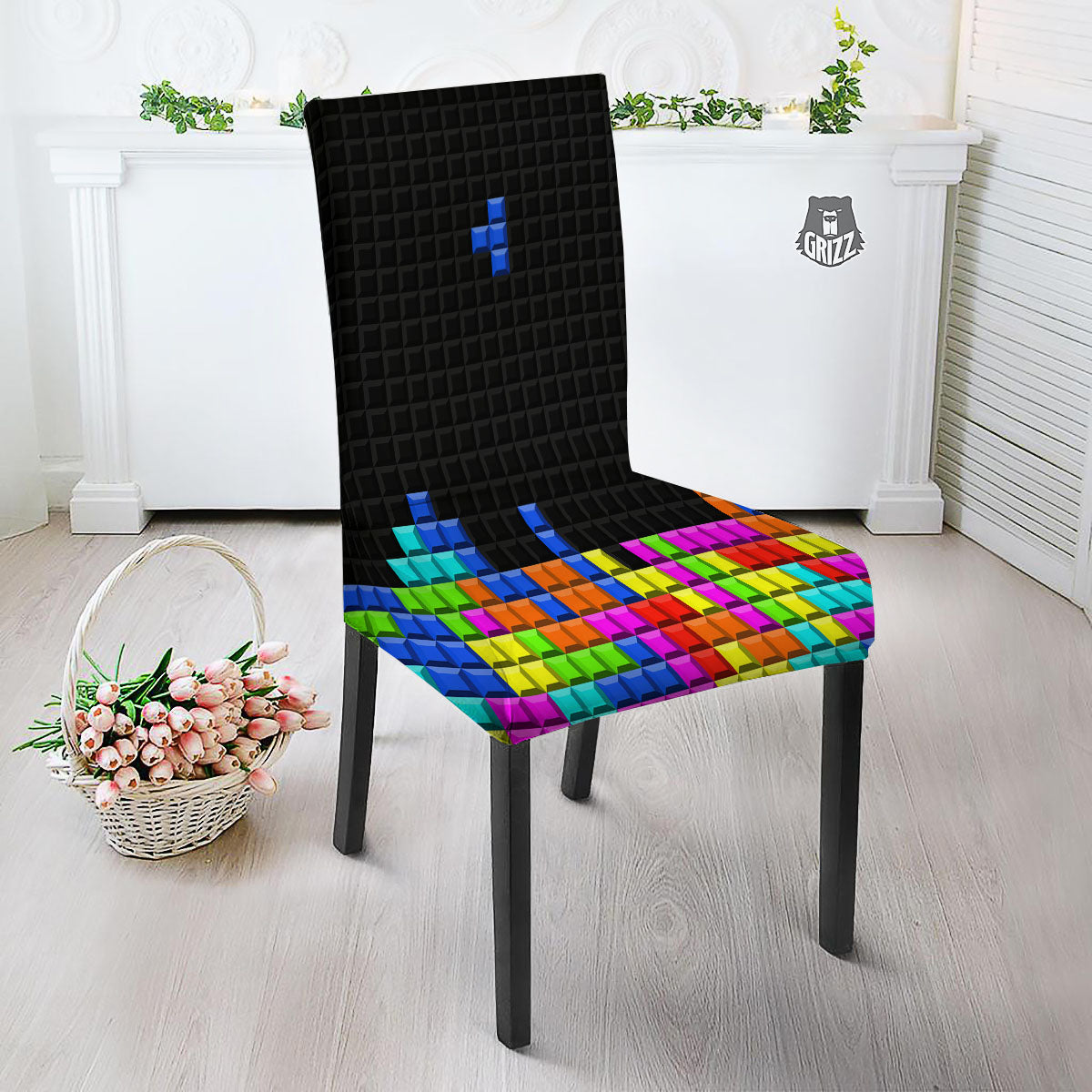 Video Game White Brick Puzzle Print Dining Chair Slipcover-grizzshop
