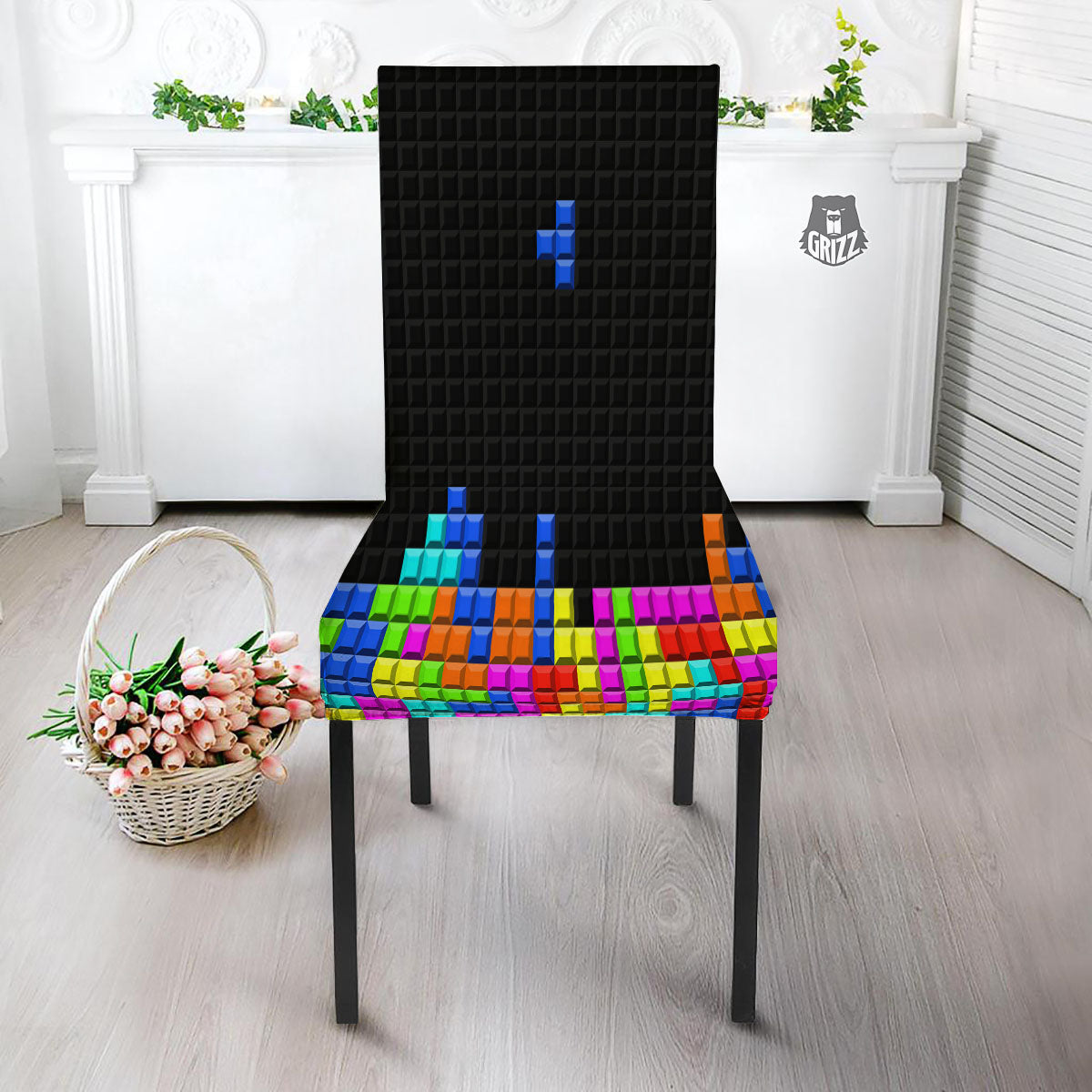 Video Game White Brick Puzzle Print Dining Chair Slipcover-grizzshop