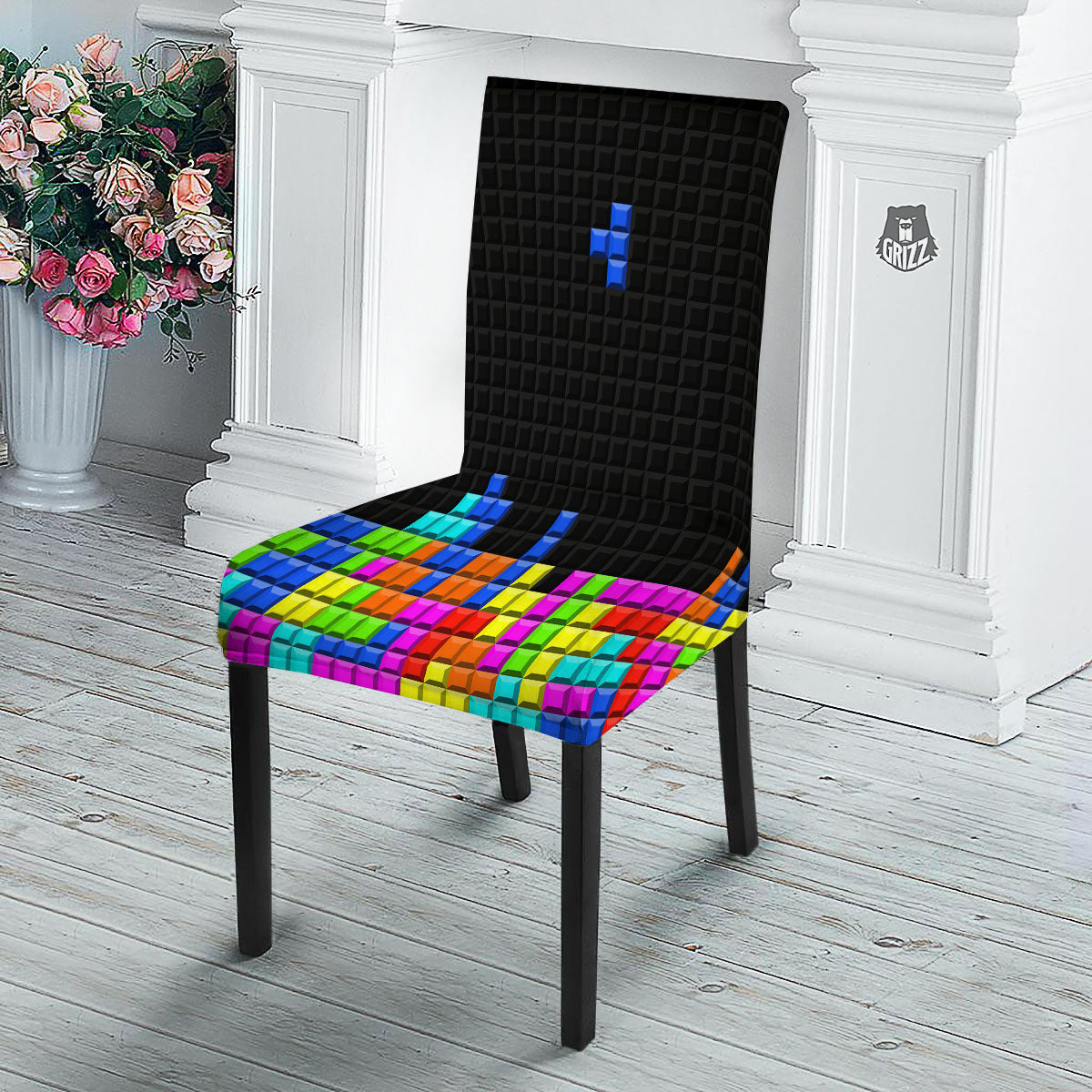 Video Game White Brick Puzzle Print Dining Chair Slipcover-grizzshop