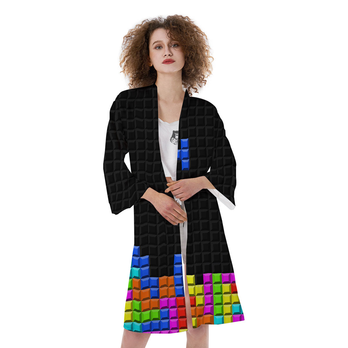 Video Game White Brick Puzzle Print Kimono-grizzshop