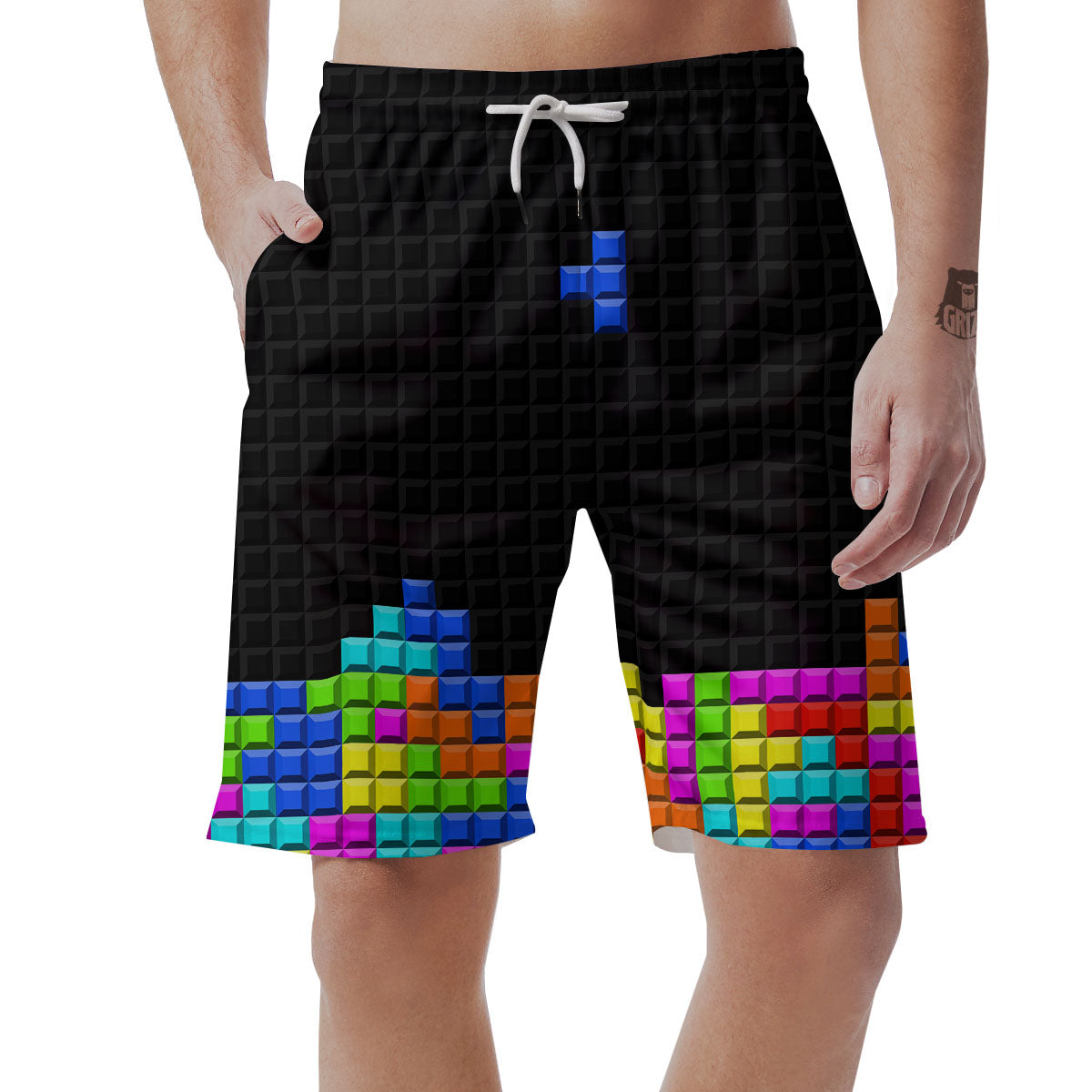 Video Game White Brick Puzzle Print Men's Shorts-grizzshop