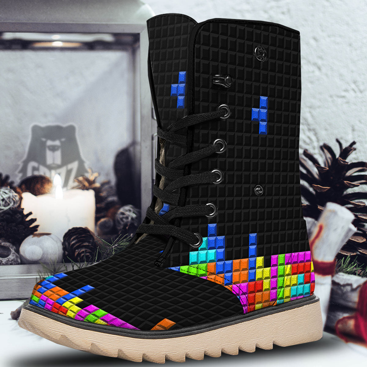 Video Game White Brick Puzzle Print Snow Boots-grizzshop