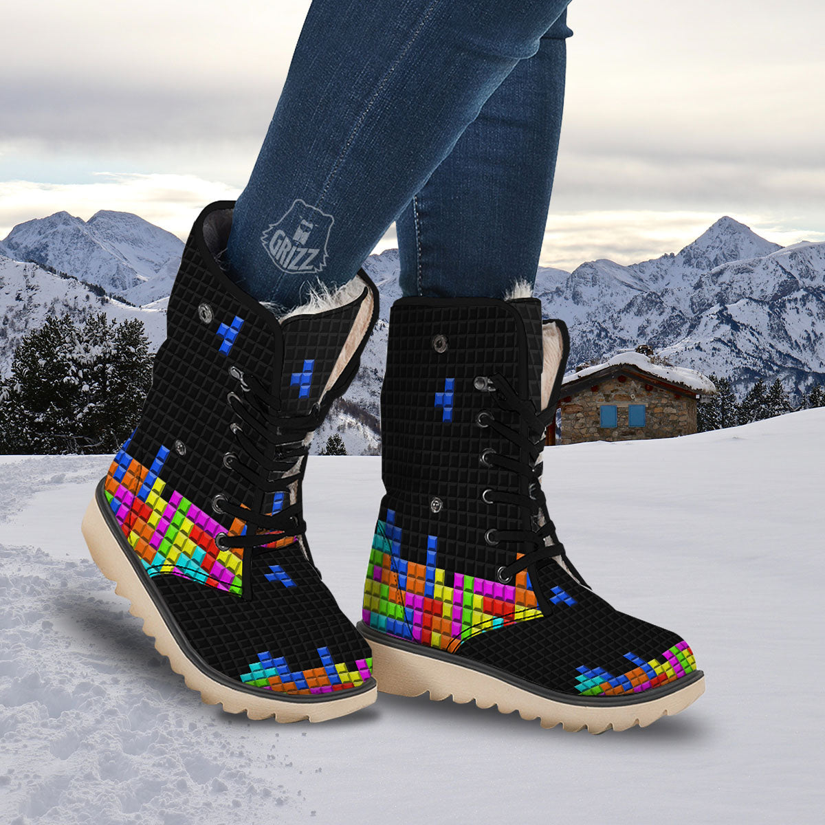 Video Game White Brick Puzzle Print Snow Boots-grizzshop