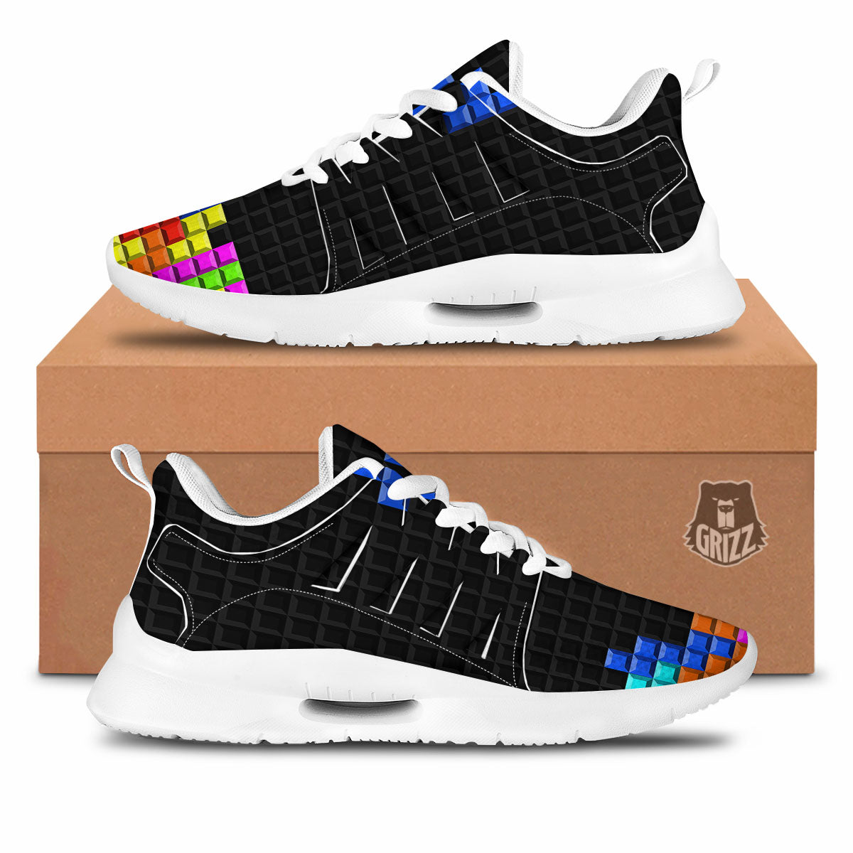 Video Game White Brick Puzzle Print Tennis Shoes-grizzshop