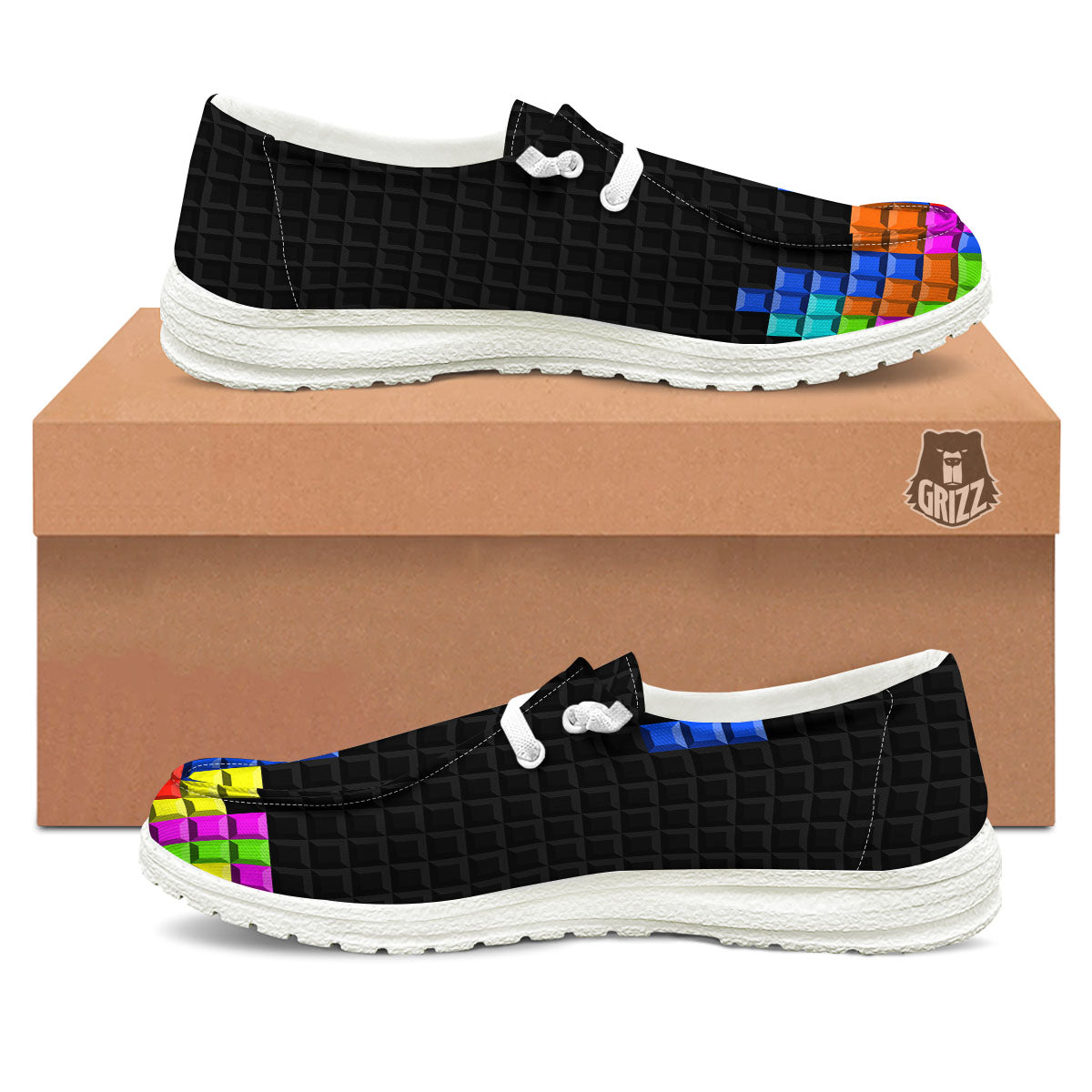 Video Game White Brick Puzzle Print White Loafers-grizzshop