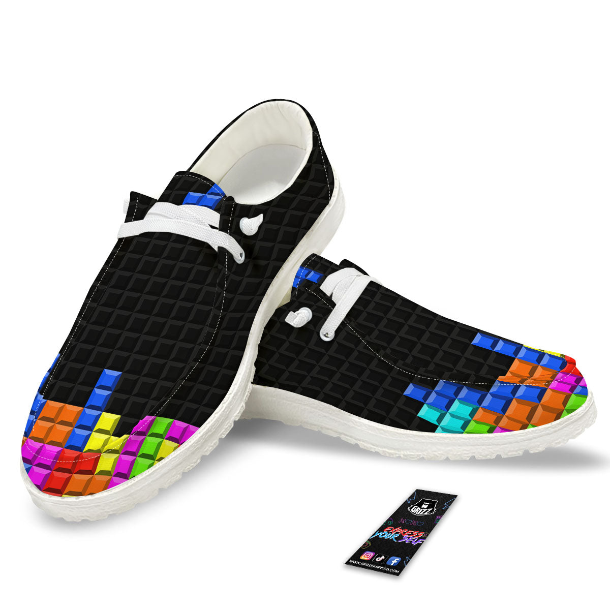 Video Game White Brick Puzzle Print White Loafers-grizzshop