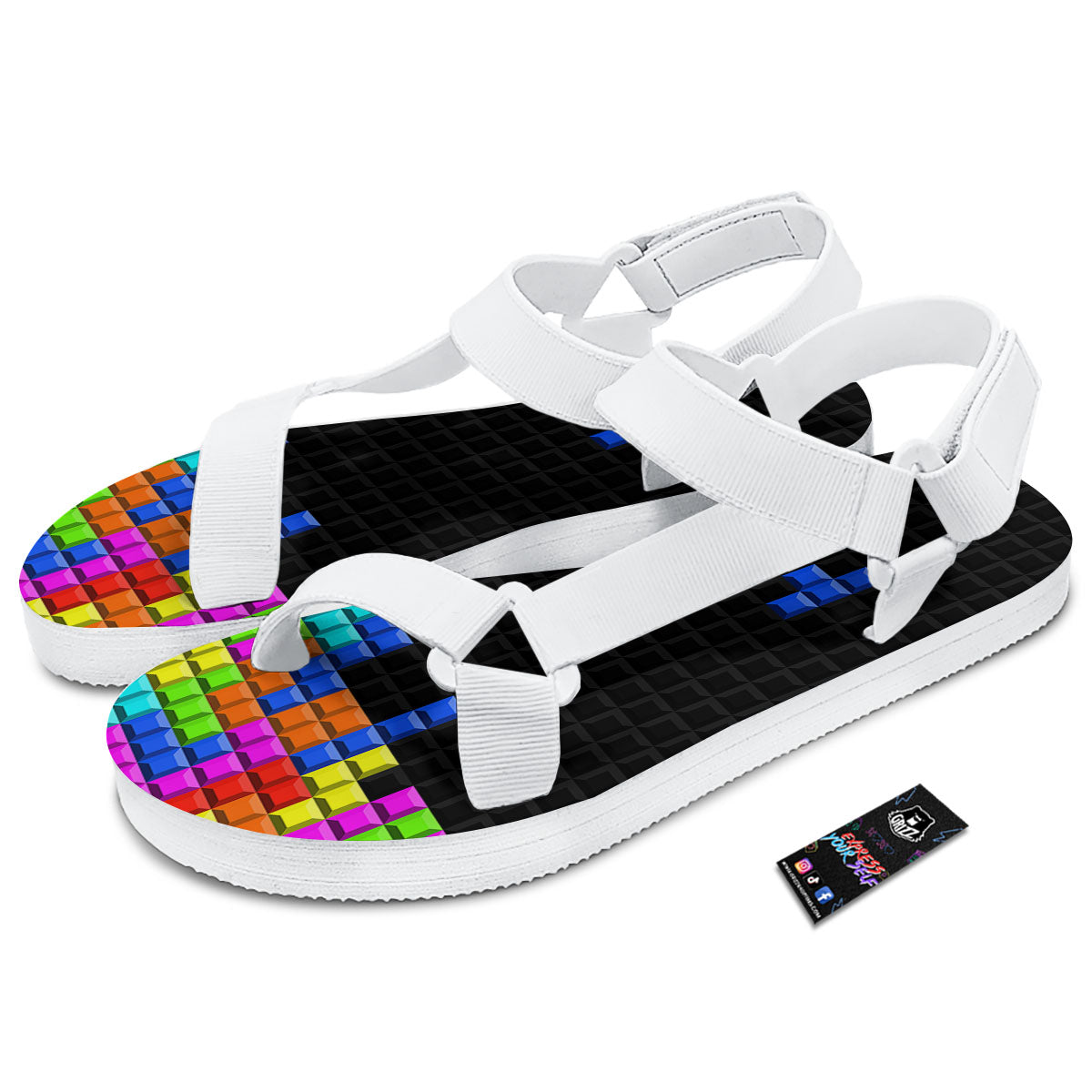 Video Game White Brick Puzzle Print White Open Toe Sandals-grizzshop