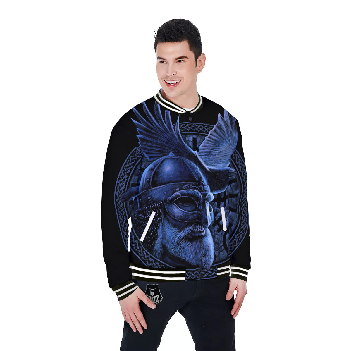 Viking God Odin And Crow Blue Print Baseball Jacket-grizzshop