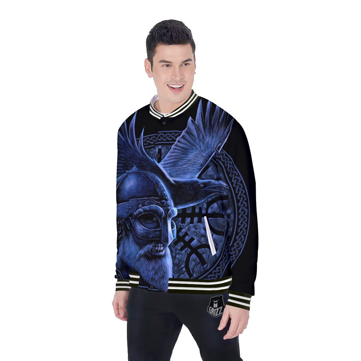 Viking God Odin And Crow Blue Print Baseball Jacket-grizzshop