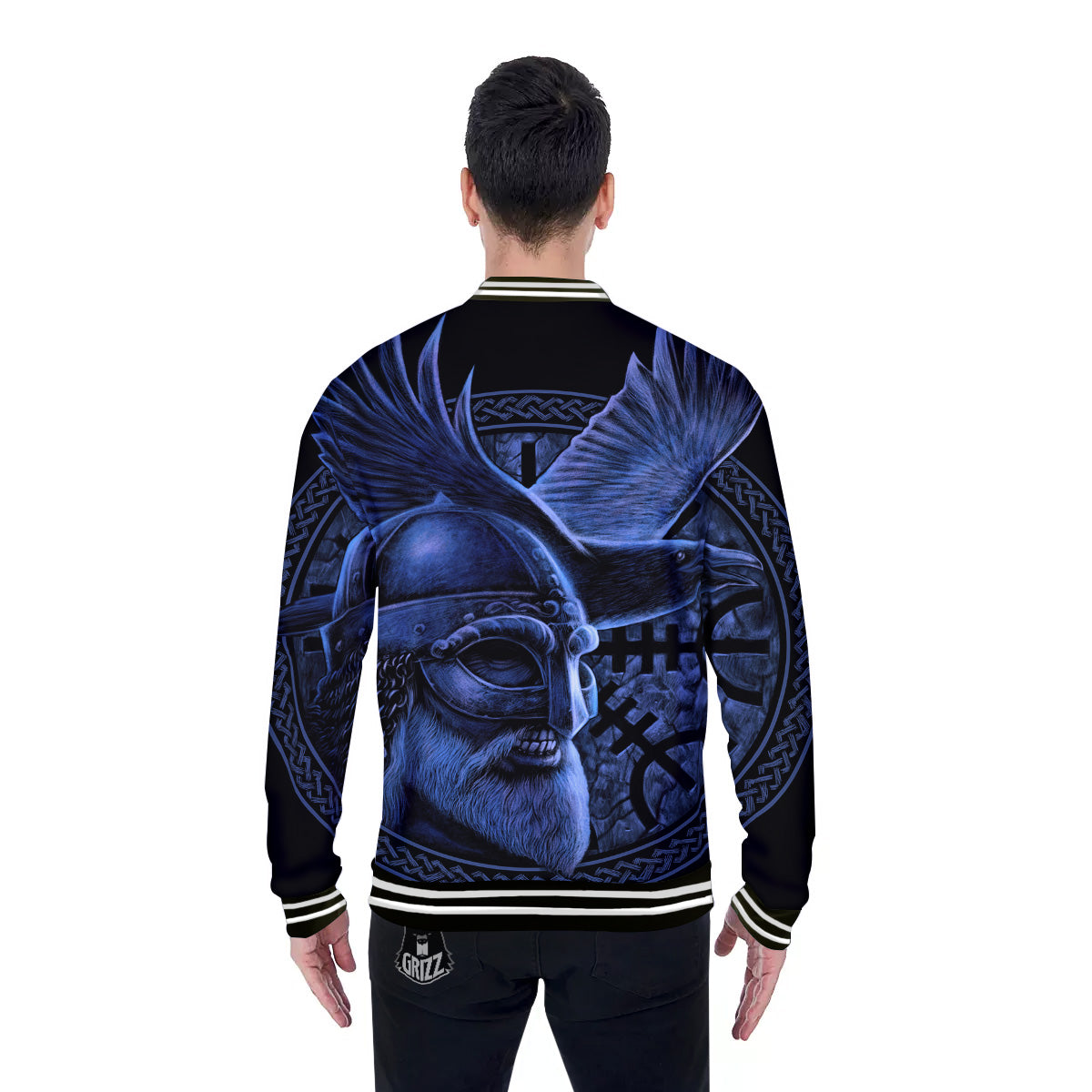 Viking God Odin And Crow Blue Print Baseball Jacket-grizzshop