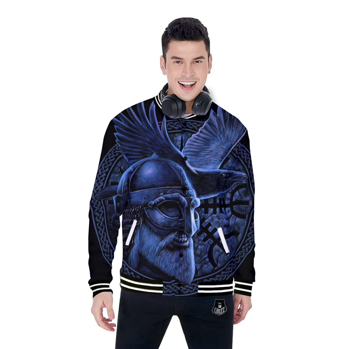 Viking God Odin And Crow Blue Print Baseball Jacket-grizzshop