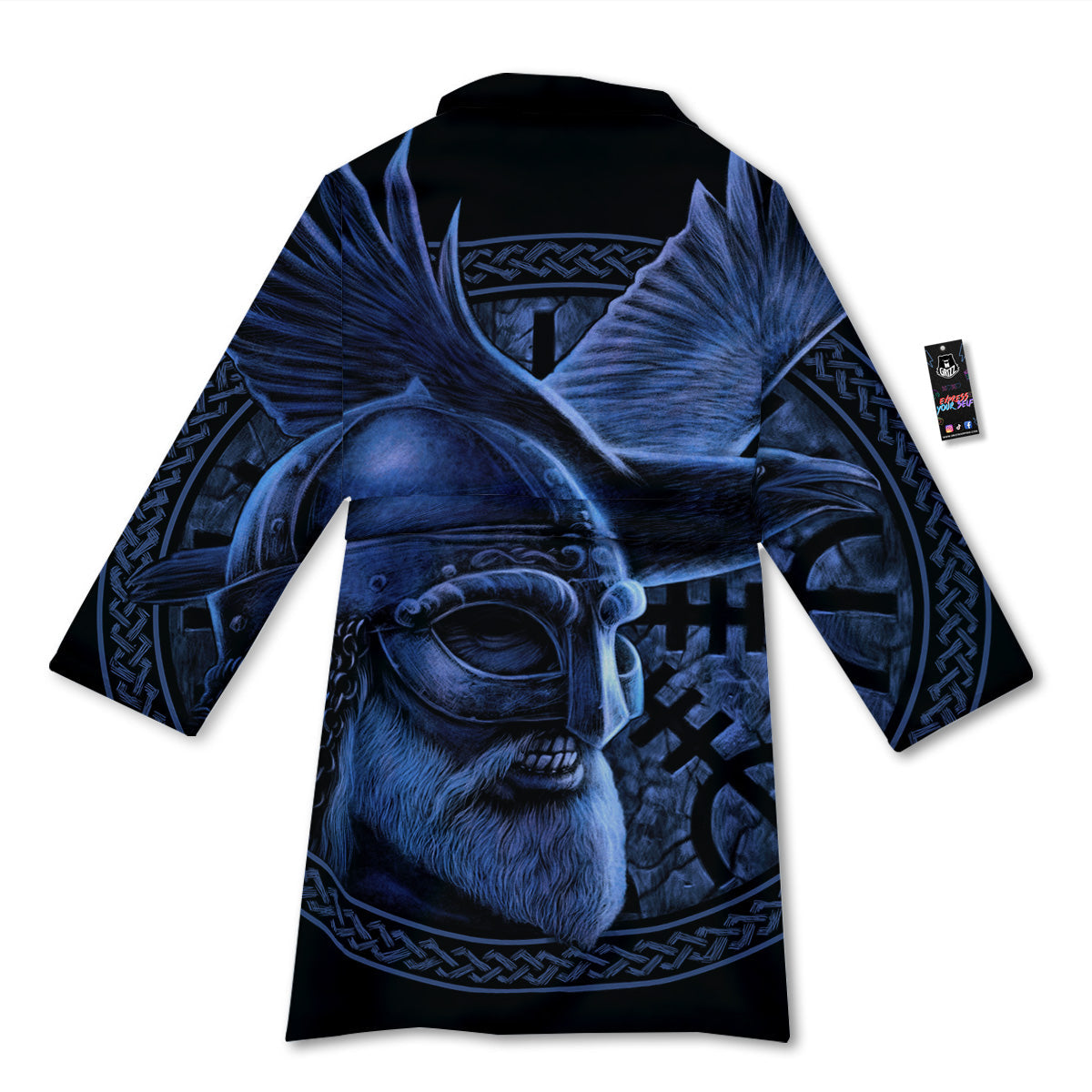 Viking God Odin And Crow Blue Print Bathrobe-grizzshop