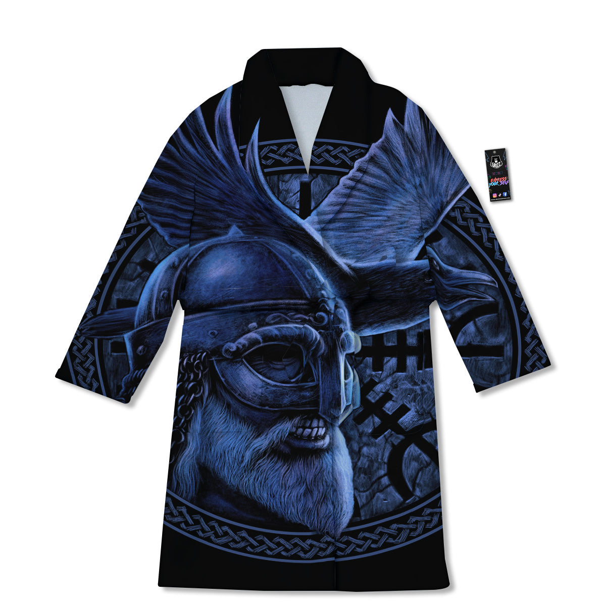Viking God Odin And Crow Blue Print Bathrobe-grizzshop