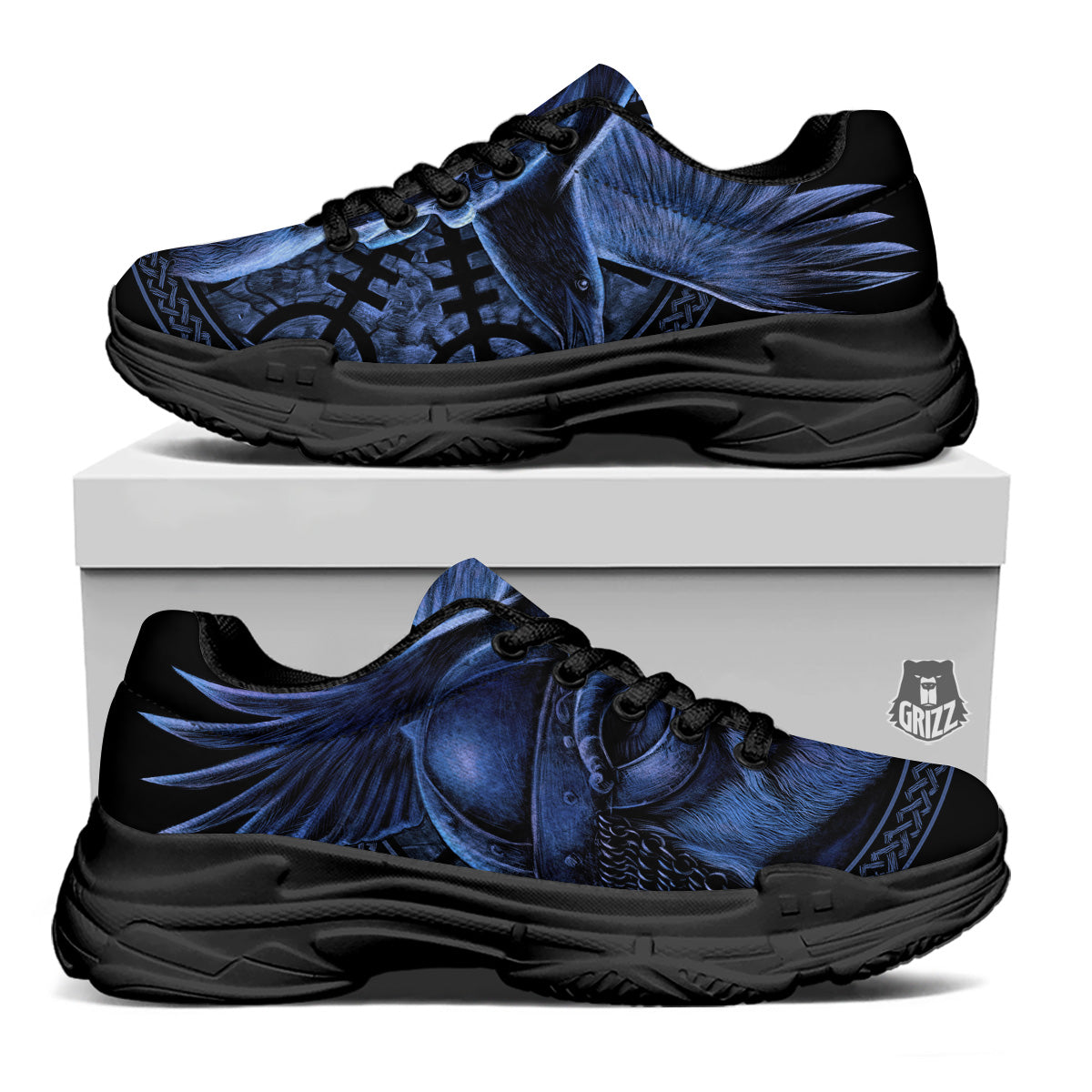 Viking God Odin And Crow Blue Print Black Chunky Shoes-grizzshop