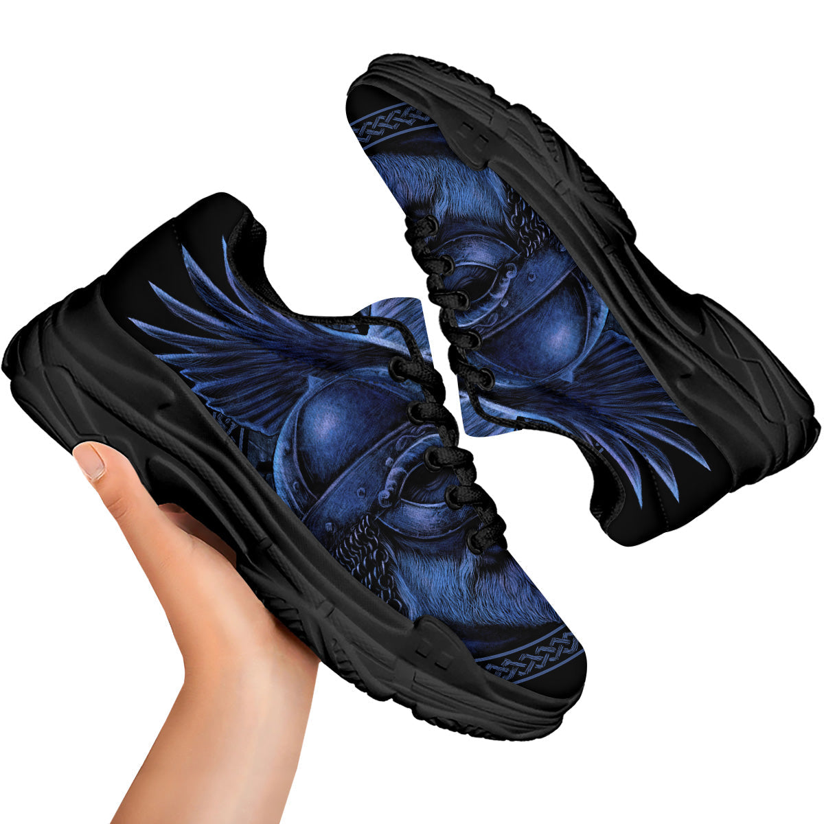 Viking God Odin And Crow Blue Print Black Chunky Shoes-grizzshop