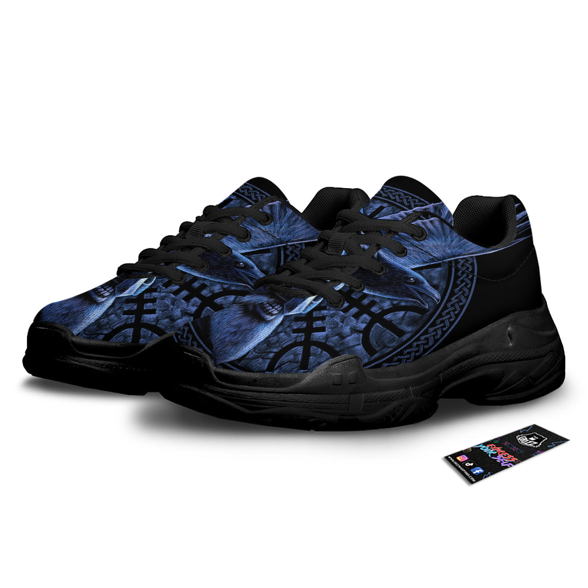 Viking God Odin And Crow Blue Print Black Chunky Shoes-grizzshop