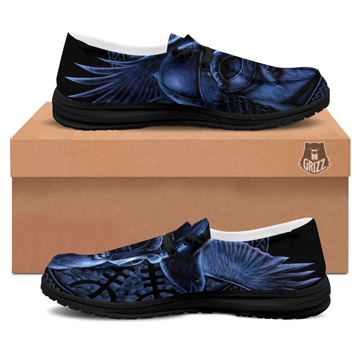 Viking God Odin And Crow Blue Print Black Loafers-grizzshop