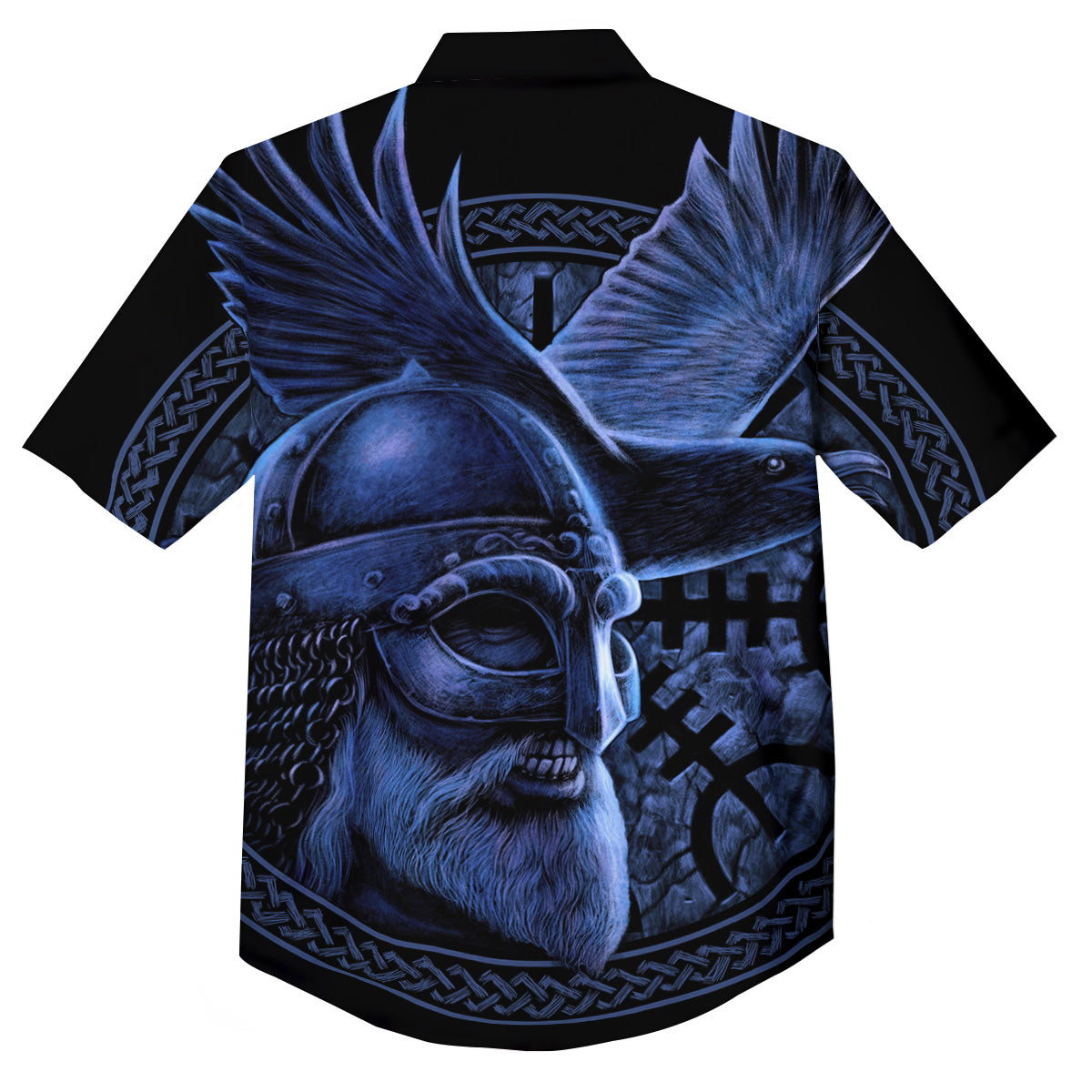 Viking God Odin And Crow Blue Print Button Up Shirt-grizzshop