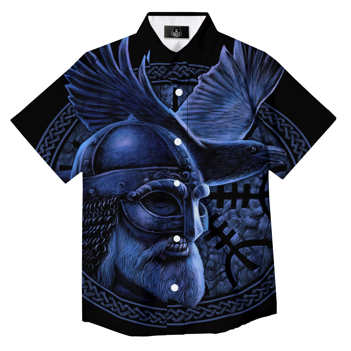 Viking God Odin And Crow Blue Print Button Up Shirt-grizzshop