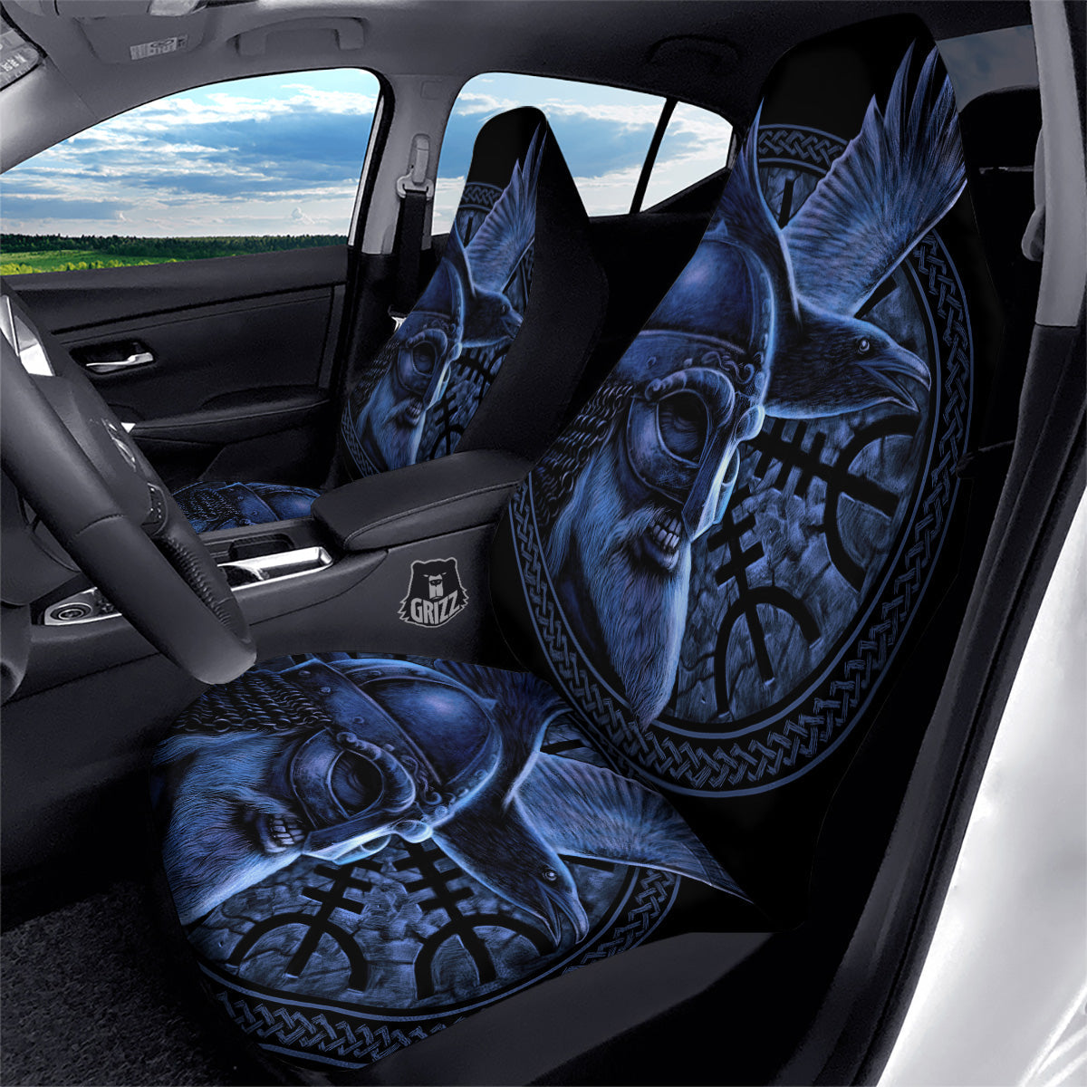 Viking God Odin And Crow Blue Print Car Seat Covers-grizzshop