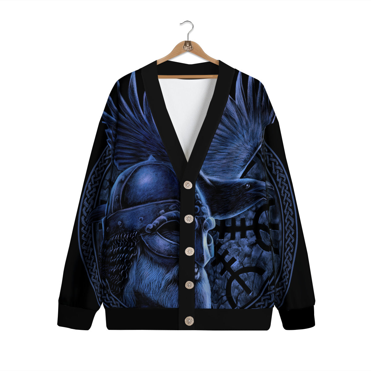 Viking God Odin And Crow Blue Print Cardigan-grizzshop