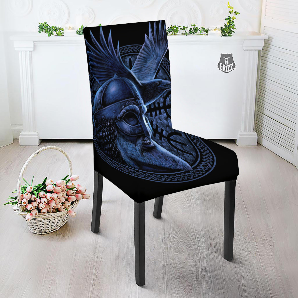 Viking God Odin And Crow Blue Print Dining Chair Slipcover-grizzshop
