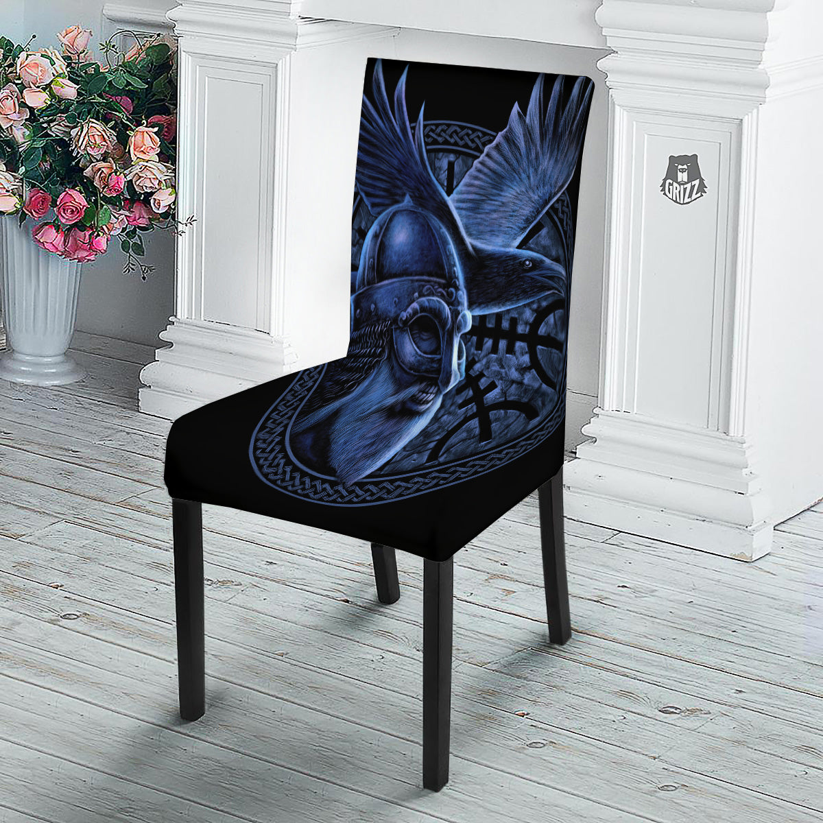 Viking God Odin And Crow Blue Print Dining Chair Slipcover-grizzshop