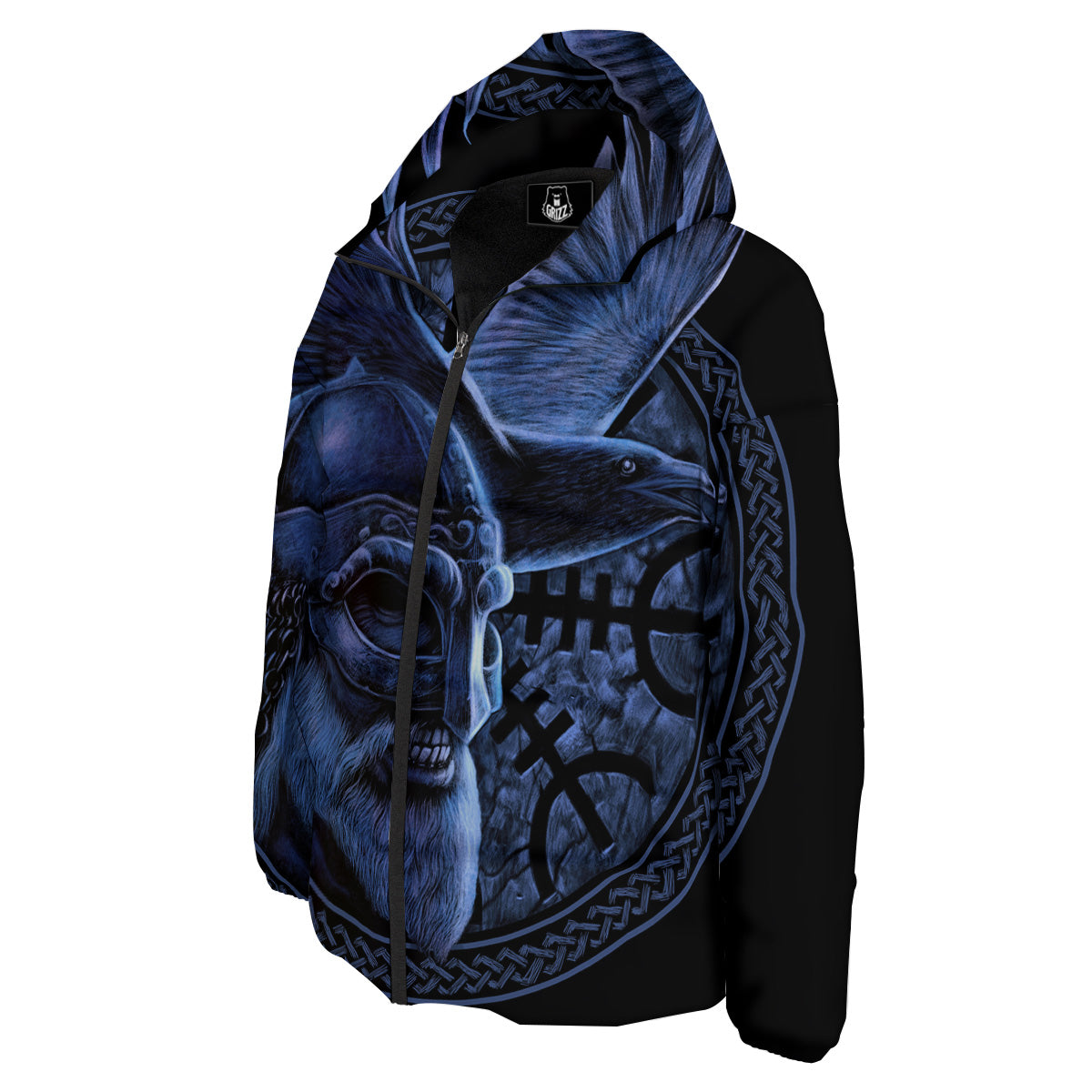 Viking God Odin And Crow Blue Print Down Jacket-grizzshop