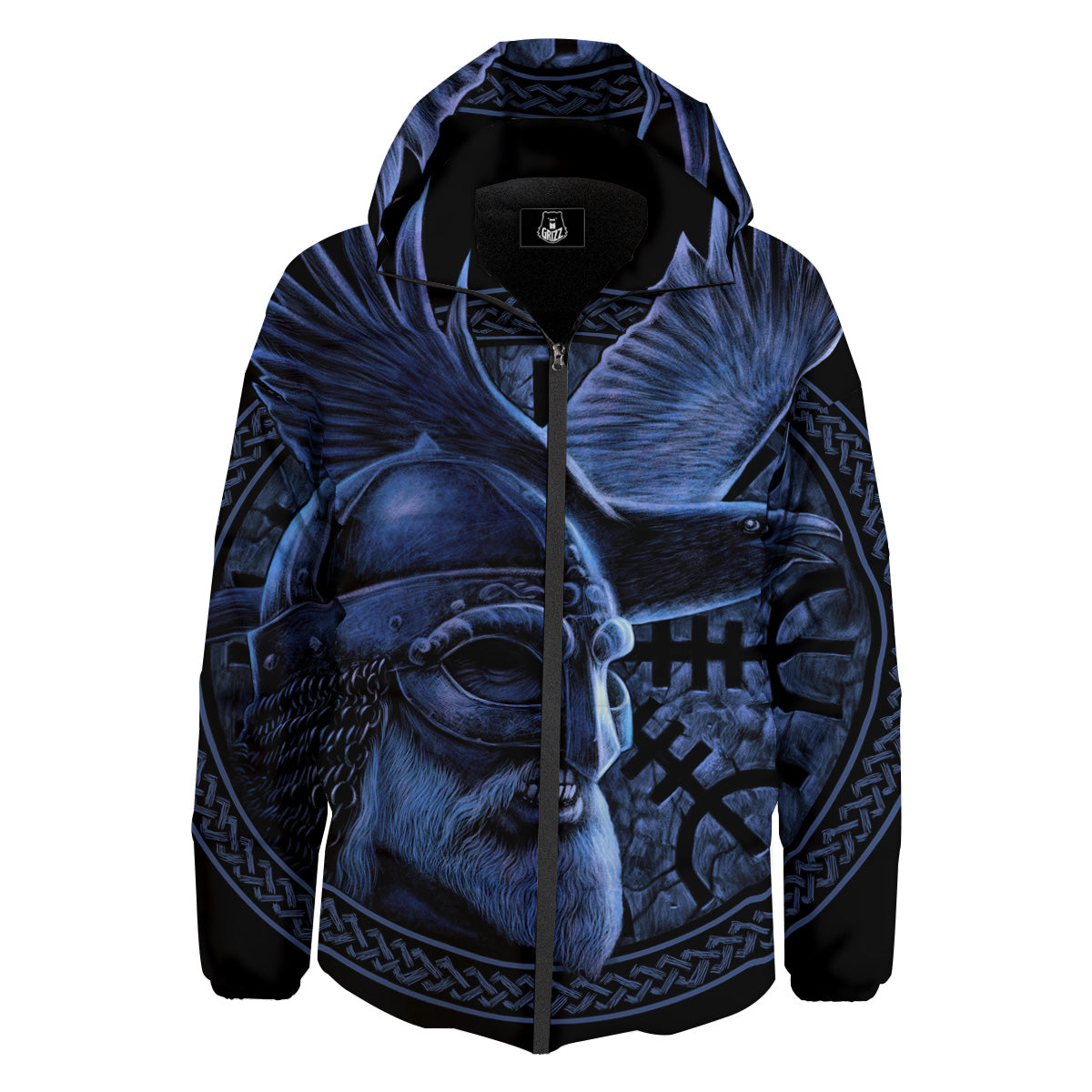 Viking God Odin And Crow Blue Print Down Jacket-grizzshop