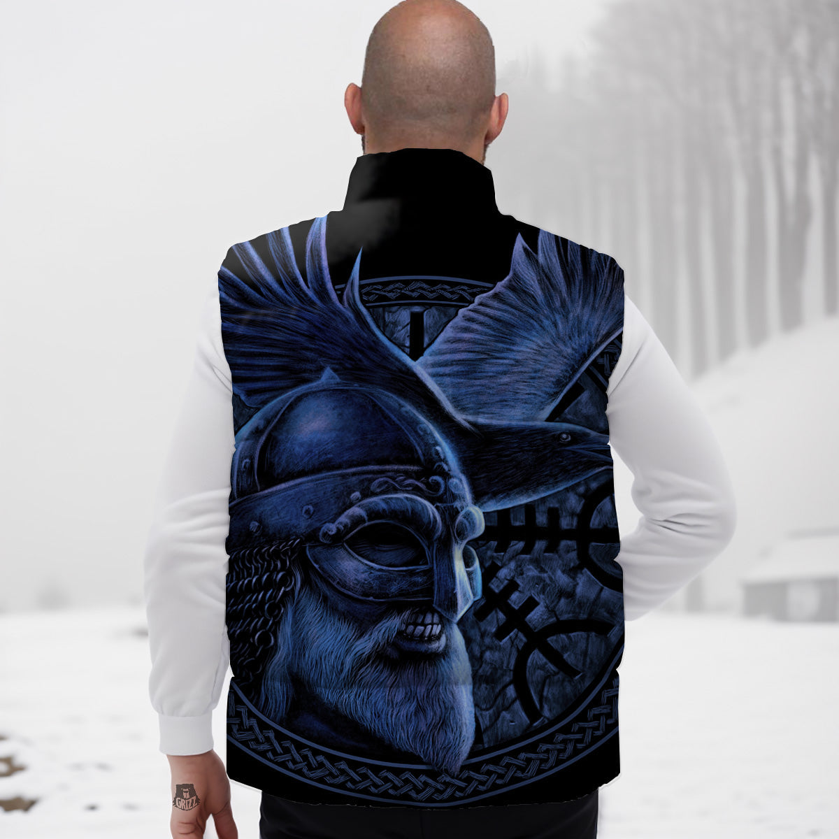 Viking God Odin And Crow Blue Print Down Vest